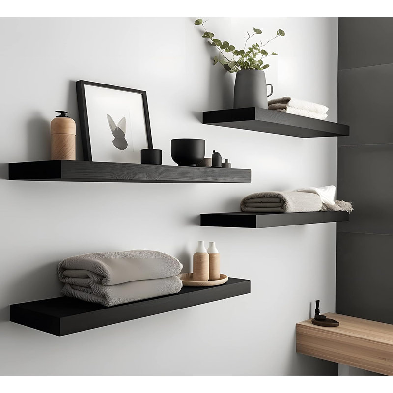 Set of 3 popular Floating Wall Shelves, Modern Black Wood, 36